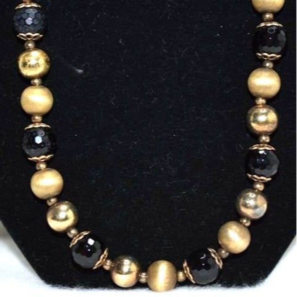 VTG 925 Veronese Italian Designer 18K Gold Clad Bead Black Faceted Bead Necklace